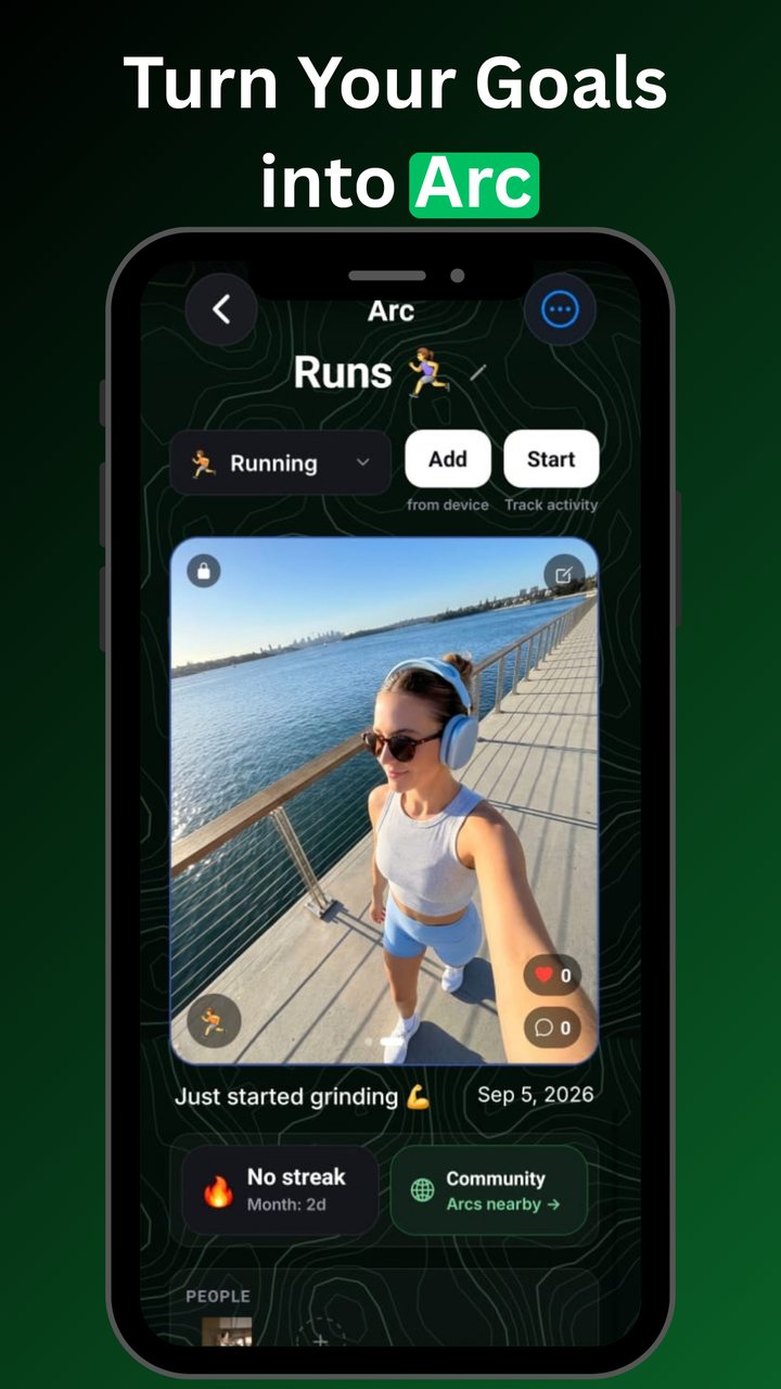 Turn your goals into an Arc: a running arc with photos and a streak